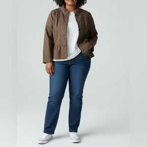 J.Jill Brown Cotton Jacket Women XL Ruffle Collar Button Front Peplum